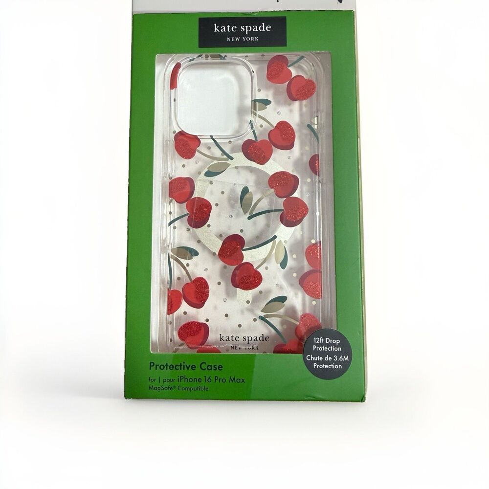 Kate Spade iPhone 16 Pro Max Case MagSafe Cherry Polka Dot Glitter Clear New